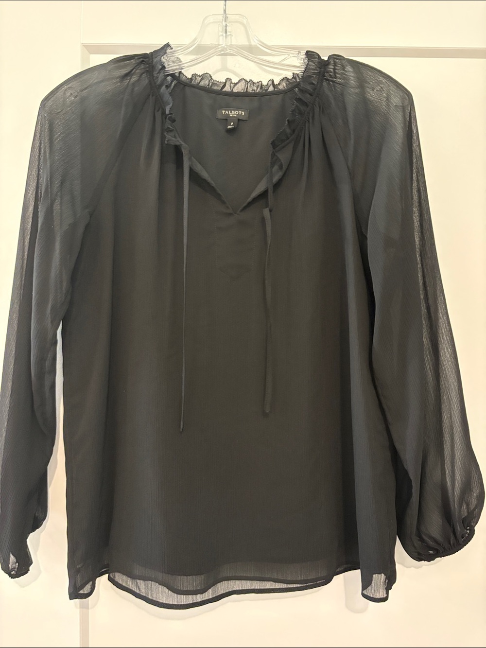 Talbots Black Sheer Tie-Neck Ruffle Blouse